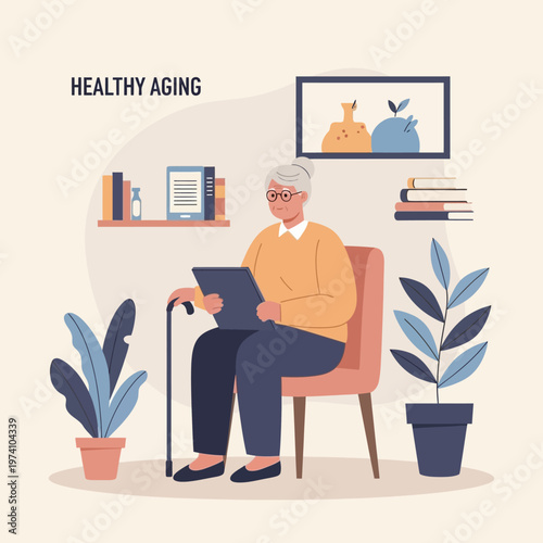 Elderly Woman Using Tablet Computer at Home.