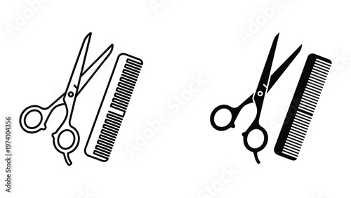 black and white illustration of scissors and combs for haircut