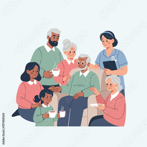 Family Gathering with Caregiver Illustration.