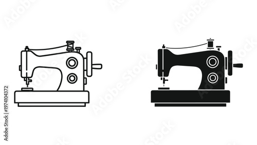 Two black and white illustrations of vintage sewing machines side by side on white background