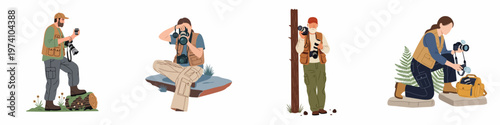 Flat vector illustration set of professional male and female nature photographers with cameras, lenses, and gear in various outdoor poses.