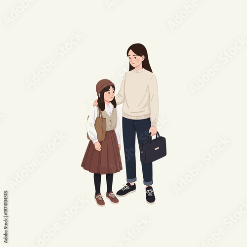 Woman and Girl Standing Together Illustration.
