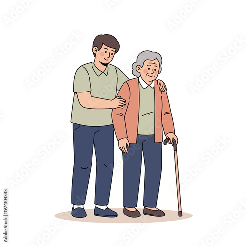 Young Man Assisting Elderly Woman with Cane.