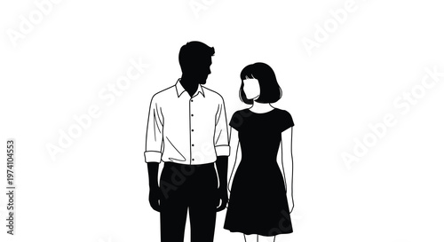 Minimalist illustration of a couple standing closely together in black and white