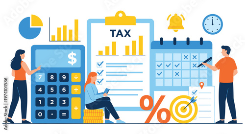 People working on tax calculation and accounting with a giant calculator, tax document, calendar, charts, coins, and percentage target for financial management and deadline planning.