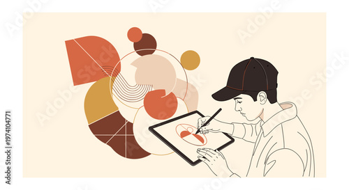 Creative young artist drawing on digital tablet with stylus in modern minimalistic workspace for graphic design