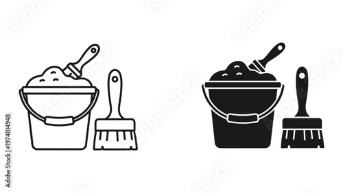 painting tools and buckets, black and white line art