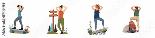 Flat vector illustration set of adventurous women hiking, trekking, and exploring nature with backpacks and trail signs in a wilderness landscape.