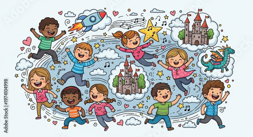 Diverse Group of Happy Children Imagining Fantasy Worlds.