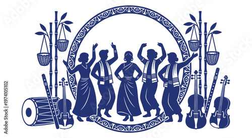 Group of Indian women dancing joyfully, adorned in traditional attire. Musical ensemble features drum, violins, and flute. Festive cultural celebration scene with ornate border.