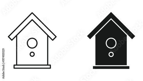 black and white birdhouse icons, simple line art style