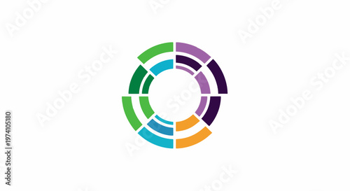 Colorful abstract circular design with segmented elements on white background.