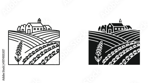 farm landscape with house and wheat fields in black and white