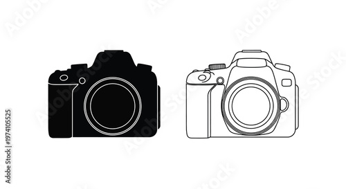 Two digital slr cameras one black and one white depicted in outline