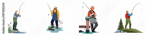 Vector illustration set of men engaged in various fishing activities, including casting, standing in water, and preparing gear in different outdoor settings.