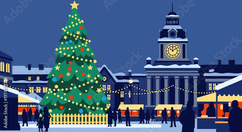 Festive christmas town scene with a decorated tree on transparent background silhouette