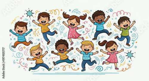 Diverse Group of Happy Children Jumping and Playing Together.
