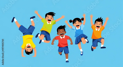 Diverse Group of Happy Children Jumping and Playing Together.