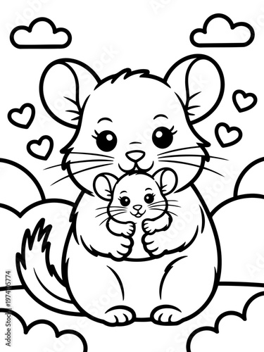 Chinchilla Affection: A heartwarming monochrome illustration of a chinchilla tenderly cradling its baby, framed by simple clouds and hearts, a symbol of nurturing love.