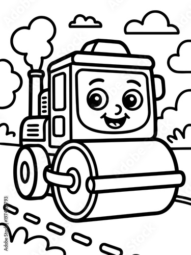 Cartoon Steamroller on Road: An adorable cartoon steamroller, sporting a friendly face, cheerfully rolls along a freshly paved road.