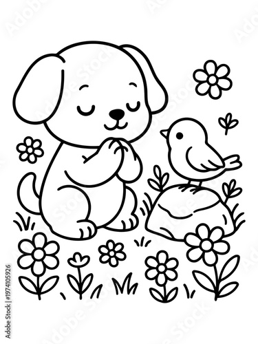 Gentle Pup's Serenade: A tender illustration depicts a serene puppy in prayer alongside a petite bird, fostering peace.