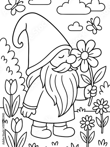 Garden Gnome's Spring Fragrance: An enchanting garden gnome stands amidst a vibrant flower garden, delicately smelling a daisy while butterflies flutter playfully above.