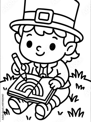 Leprechaun's Artistic Endeavor: A whimsical leprechaun, donned in a charming hat, sits sketching a radiant rainbow, infusing a touch of magic and creativity.