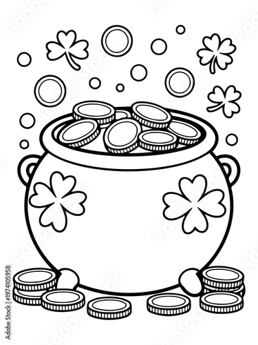 Pot of Gold: An illustration of a pot filled with golden coins, and clover leaves that represent the lucky theme and fortune. This image captures the essence of Irish folklore and wealth.