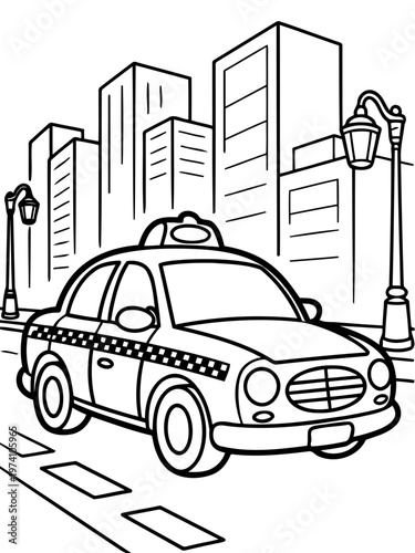 Urban Taxi Journey: A detailed illustration of a classic taxi cab navigates the bustling streets of a vibrant city, against a backdrop of towering buildings and vintage streetlights.