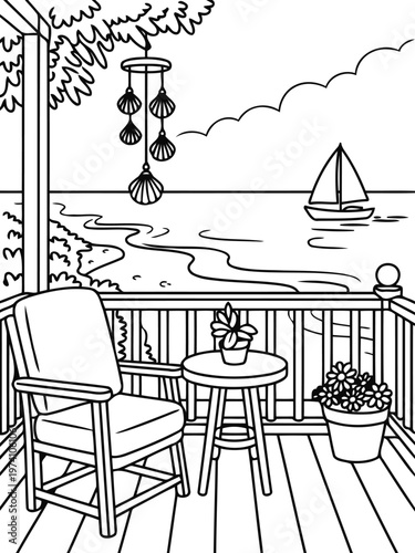 Serene Veranda Scene: Tranquil veranda offers a view of a sailboat and the vast ocean, adorned with cozy seating, and a pot of blooming flowers under the bright sky.