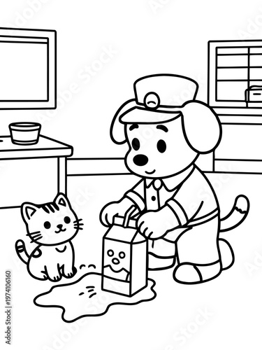 Dog and Cat in room: A heartwarming scene unfolds as a cartoon dog, dressed as a milkman, tends to spilled milk while a cute cat looks on with curiosity.
