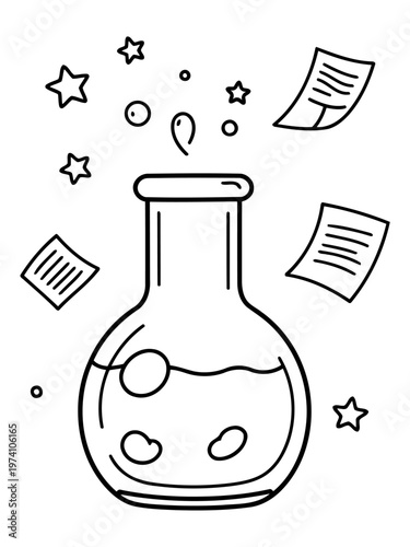 Magic of Chemistry: The image portrays a whimsical laboratory flask, filled with an effervescent mixture and surrounded by floating notes and stars, symbolizing the enchantment of science.