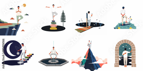 Mindfulness and Spiritual Growth Illustration Set Featuring a Man in Various Contemplative and Meditative Scenarios for Wellness and Self-Discovery.