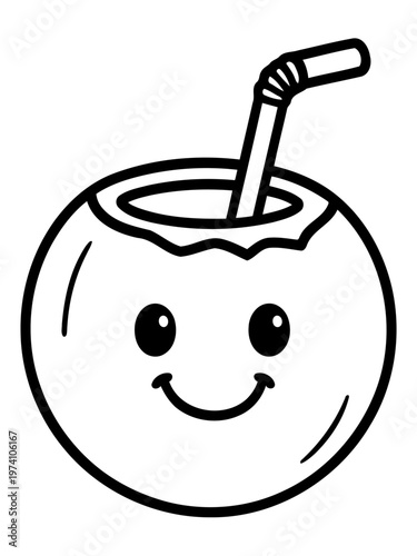 Smiling Coconut Delight: A whimsical illustration of a jovial coconut, complete with a smiling face and a straw, promising a refreshing tropical treat.