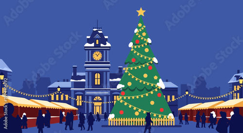 Festive christmas town square with a decorated tree on transparent background silhouette