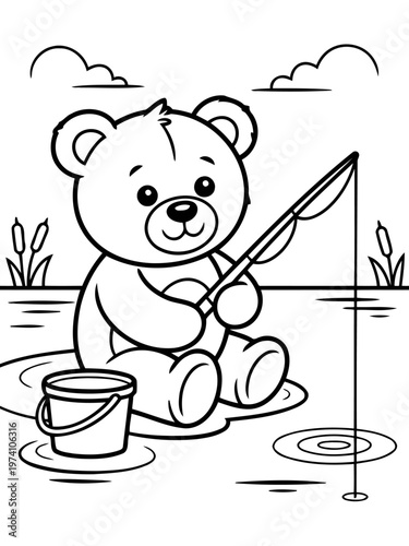 Teddy Bear Angler: A cuddly teddy bear is depicted enjoying a day of fishing with a fishing rod in a serene outdoor setting, next to a bucket. 