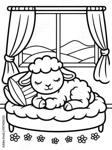 Cozy Lamb's Nap: A sweet lamb curls up on a comfortable cushion, peacefully sleeping beside the window, with soft curtains framing a scenic view.