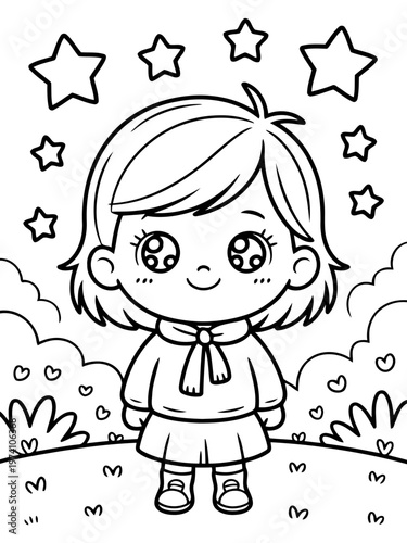 Child's Daydream: An endearing outline illustration of a young girl standing amidst a whimsical landscape, surrounded by stars and a serene atmosphere, ideal for coloring and sparking creativity. 