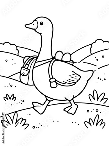 Adventurous Goose's Journey: An outline of a cheerful goose on a mission, with a backpack full of travel essentials, embarking on an exciting journey.