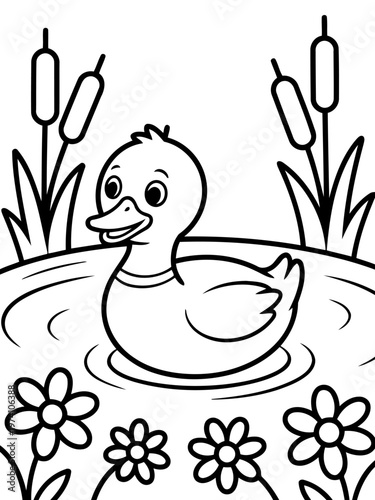 Playful Duckling in Pond: A cheerful line art illustration of a darling duckling, floating joyfully in a serene pond, embraced by lush aquatic plants and blooming flowers.