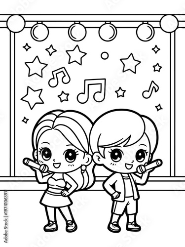 Duo Singing on Stage: A lively illustration captures a pair of singers on stage, illuminated by stage lights, surrounded by musical notes and stars, ready to deliver a harmonious performance.
