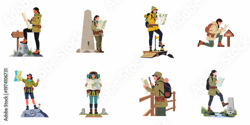 A collection of eight flat vector illustrations of female hikers reading maps, exploring trails, and reaching mountain summits on a white background.