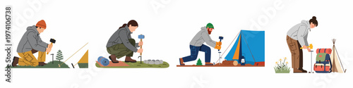 Flat illustration set of people pitching tents and setting up camp using hammers and pegs, featuring various outdoor gear and natural elements.