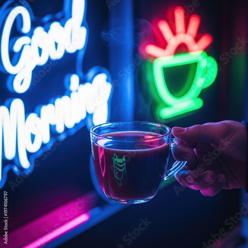 Good Morning Coffee Cup with Neon Sign Background.