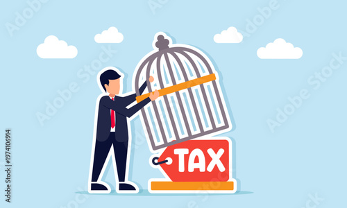 Tableau sur toile Businessman lifting and opening a cage containing a tax tag as a metaphor for ta