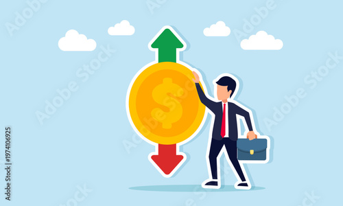 Businessman standing by dollar coins with up and down arrows as a metaphor for currency valuation fluctuation or business company financial volatility illustration