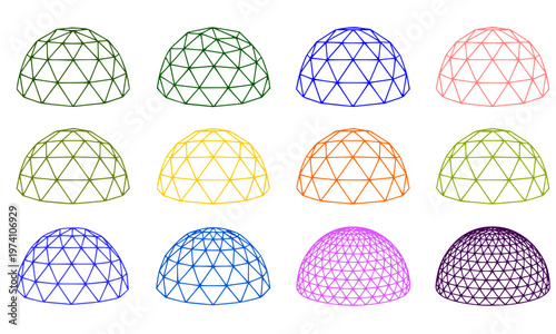 Colorful Geodesic Dome Wireframe Set — Collection of 12 Multicolor 3D Geometric Hemisphere Mesh Structures for Architecture and Futuristic Design