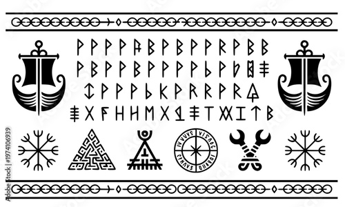 Viking Norse Rune Symbols Set — Black Scandinavian Futhark Alphabet, Longship, Vegvisir, Valknut and Ancient Pagan Icons Isolated on White Background