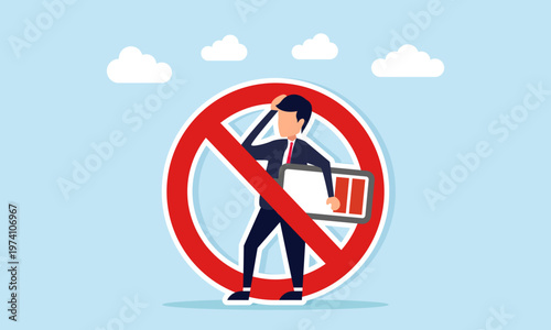 Businessman carrying low battery icon inside a forbidden sign as a metaphor for protecting business team mental health and preventing burnout