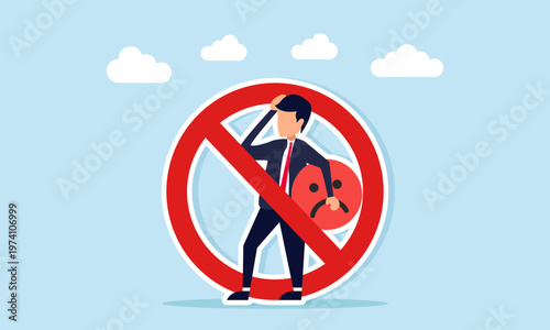 Businessman holding angry or sad emoticon inside forbidden sign illustration for business team mental health care and workplace emotional management concept